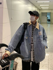 Japan Retro Lapel Denim Jacket Cityboys Punk Loose Jacket Autumn Hong Kong Style Hip Hop Handsome Stitching Jeans Coat voguable