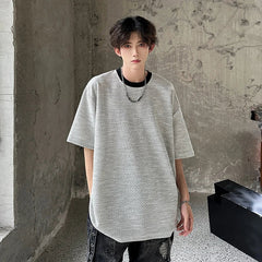 Men Oversized Round Neck Breathable Knit Tshirt Loose Fit Cotton Casual Summer Streetwear Comfort Tee Airy Fashion Basic Top voguable