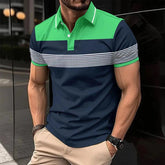 Voguable Business Casual Men Polo Shirts Summer New Lapel Striped Button Contrast Color Streetwear Fashion Office Social Short Sleeve Top voguable