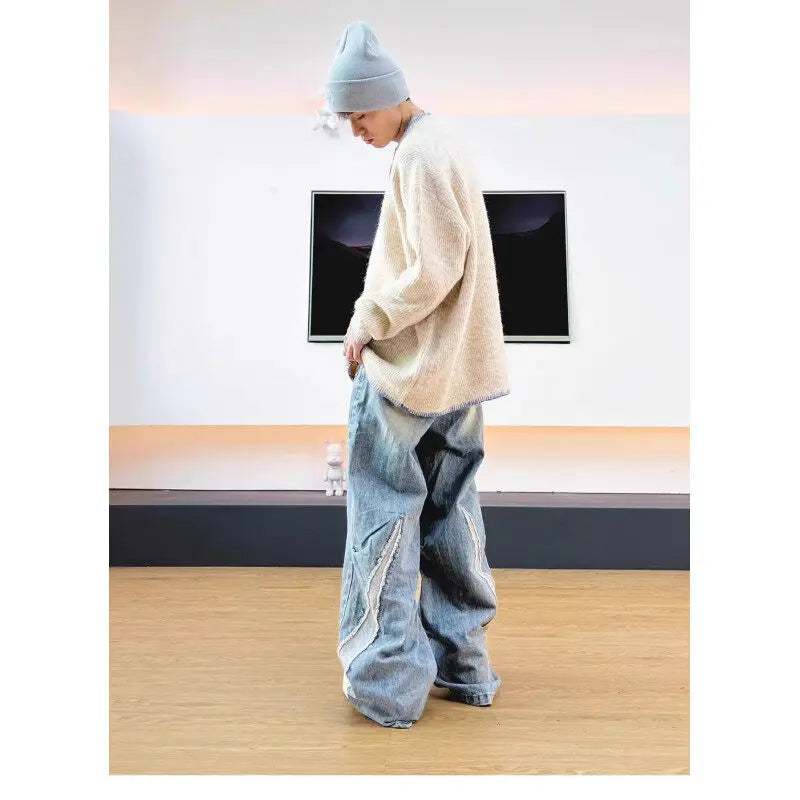 Men's Denim Pants Male Jeans Patchwork Personalized panhandler pants Straight Casual Menwear Loose Wide Leg Trousers New