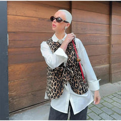 Leopard Waistcoat y2k Clothes Women Round Neck Sleeveless Tie Up Cardigan Tops 2000s Aesthetic Clothing Streetwear voguable
