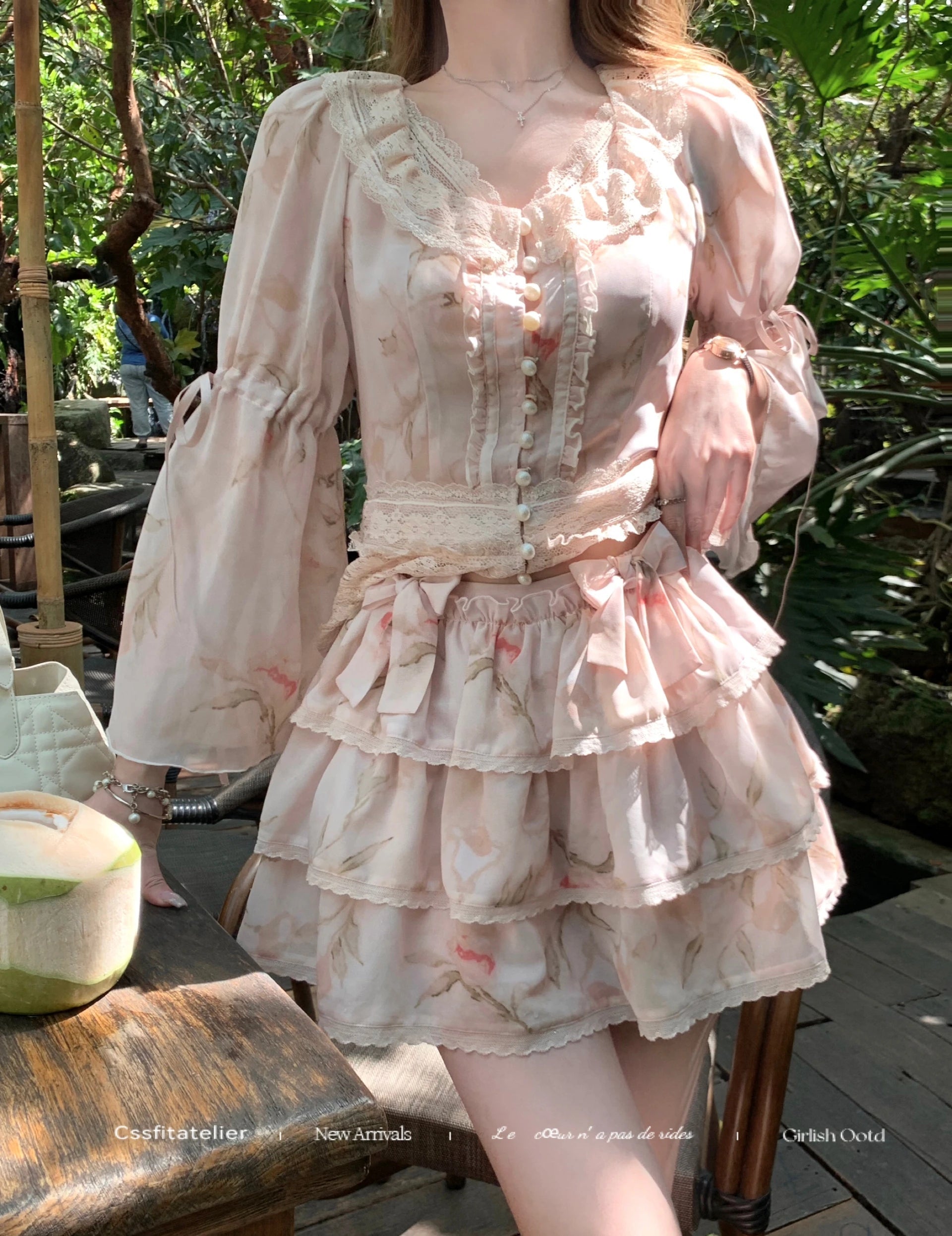 Women Print Lace Two Pieces Sets French Elegant Spliced Ruffles Slim Waist Lace-up O-Neck Top + Cake A-Line Skirt Summer Fashion voguable