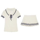 Academic Style Pleat Skirt+Lapel Short Sleeve Tee 2 Piece Set Women Outfits Fashion Skirt Tight Knit T-shirts Summer Suit voguable