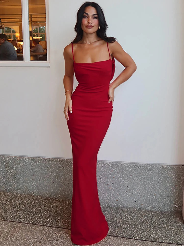 Spaghetti Strap Backless Sexy Maxi Dress Women Gown Summer New Fashion Solid High Waist Evening Beach Club Long Dress voguable