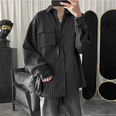 Spring Autumn New Fashion Turn-down Collar Long Sleeve Striped Blouse Men's Clothing Pockets Button Japanese Style Trend Shirts voguable