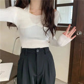 Voguable Knitted Base Shirt for Women in Spring, Autumn and Winter New Fashionable Long-sleeved Slim Fit Inner Low Collar Top voguable