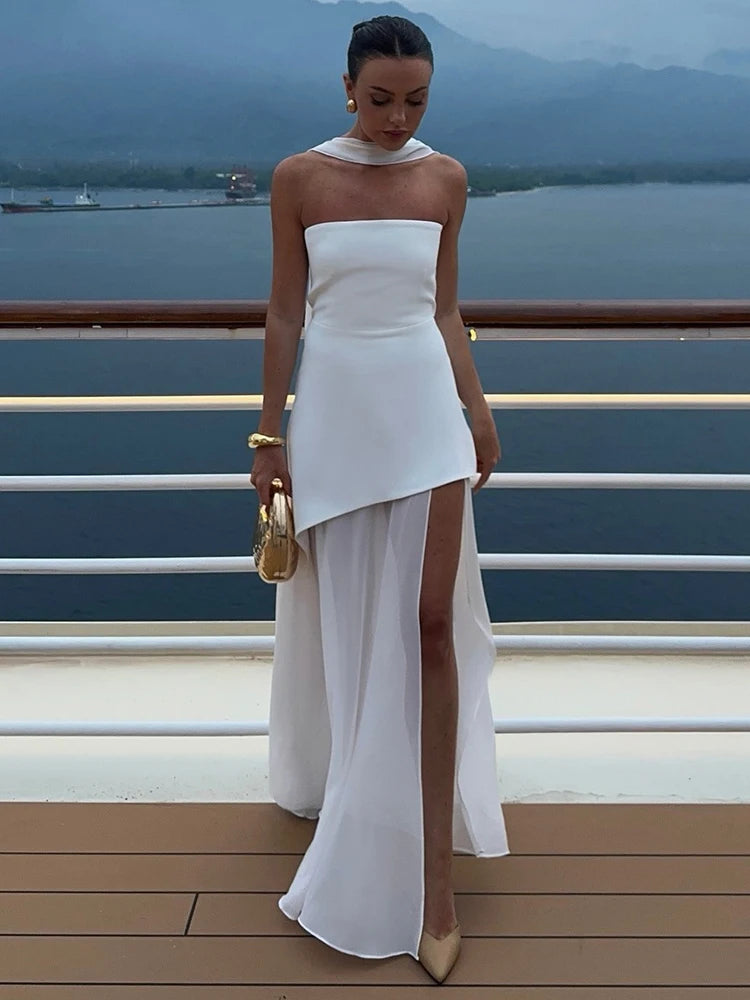 Elegant Strapless Sexy Maxi Dress For Women Gown With Scarf Off-shoulder Sleeveless Backless Split Beach Long Dress voguable