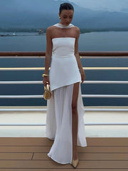 Elegant Strapless Sexy Maxi Dress For Women Gown With Scarf Off-shoulder Sleeveless Backless Split Beach Long Dress voguable