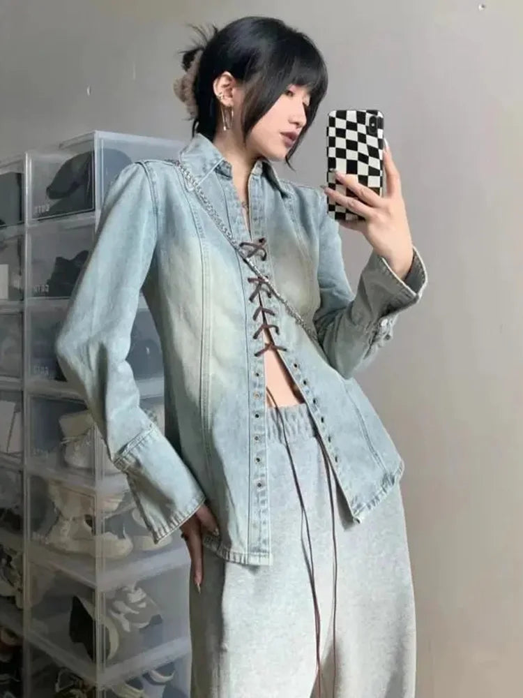 Voguable Vintage Women Denim Shirts Loose Long Sleeve Casual Bandage Long Shirts Korean Turn Down Collar Streetwear Female Jean Top voguable