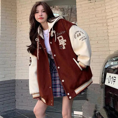 American Retro Preppy Style Baseball Jacket Plush Thick Blazers Women Autumn Winter New Student Harajuku Cardigans Hooded Coat voguable