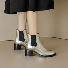 Women Ankle Boots Autumn Winter Office Lady Shoes Woman Genuine Leather Round Toe Thick High Heels New Back Elastic Band Basic voguable