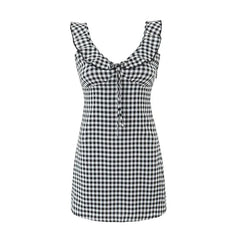New Women Flying Sleeve V Neck Plaid Dress Sexy Sleeveless High Waist Female Summer Short Dresses Holiday Robe