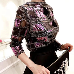 Autumn Runway Women Plaid Sequined Blouse Purple Shiny Long Sleeve Spring Summer Blouses Shirt Woman Beading Party Tops