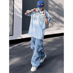 Voguable Y2K Cargo Pants for Men Hip Hop Harajuku Parachute Cargo Trousers Male Blue Japanese Loose Casual Streetwear Hip Hop voguable