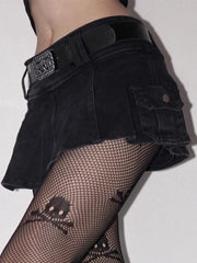 Harajuku Y2k Denim Skirt Women Dark Gothic Streetwear Mini Skirt with Skull Belt Mall Goth Punk Grunge Sexy Emo Clubwear voguable