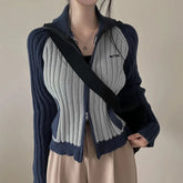 Voguable American Retro Streetwear Double Zipper Contrast Patchwork Sweater Cardigan Autumn Korean Style Preppy Knitted Jackets voguable