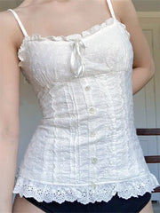 Women Lace White Corset Tank Tops Spaghetti Strap Sleeveless Camisole Tops Y2K Aesthetic Casual Summer Vest Shirts Female voguable
