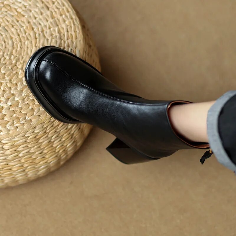 New Basic Leisure Casual Women Short Boots Genuine Leather High Quality Thick High Heels Autumn Winter Shoes Woman Outdoor voguable