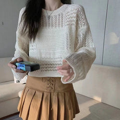 Long Sleeve Pointelle Knit Top Women Sheer Openwork Boxy-fit Crew Neck Pullovers Sweater Female Teen-girl Boho Vacation Outfit voguable