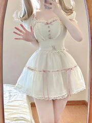 Voguable Sweet Square Neck 2 Piece Dress Set Women Summer Short Sleeve Y2k Crop Tops + Casual Mini Skirt Korean Fashion Female Suit voguable