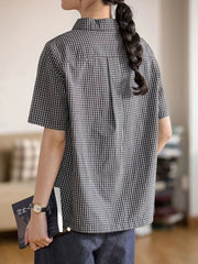 Japan Plaid Shirt Women Vintage Causal Short Sleeve Simple Blouse Preppy Style Retro Loose Female Summer Cute All Match Top voguable