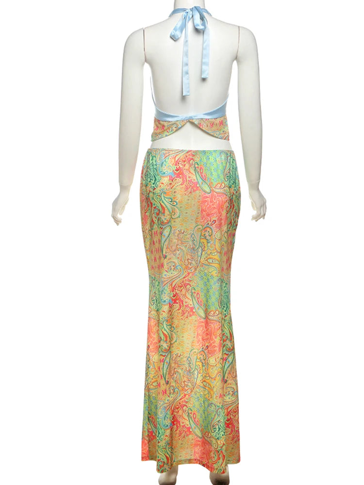 Summer Trend 2 Piece Set Women Satin Patchwork Backless Lace Up Camisole+Colorful Print Maxi Skirts Matching Clubwear voguable