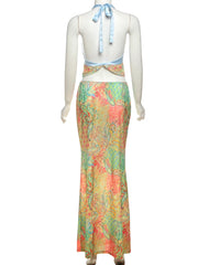 Summer Trend 2 Piece Set Women Satin Patchwork Backless Lace Up Camisole+Colorful Print Maxi Skirts Matching Clubwear voguable