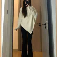 Autumn Winter New Women Sweater Korean Fashion Chic Casual Turtleneck Solid Asymmetr Loose Batwing Sleeve Pullovers Knitted Tops voguable