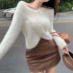Fuzzy Knit Wrap Front Top Women Long Sleeve Criss-Cross Fluffy Sweater Fitted Crop Top Pullover Ladies Autumn Winter Y2K Outfit voguable