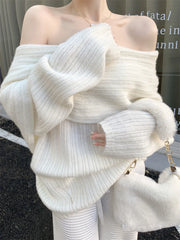 Autumn Design Sexy White Knitted Sweater Women Long Sleeve Pure Color Korean Fashion Y2k Clothing Elegant Pullover Female voguable
