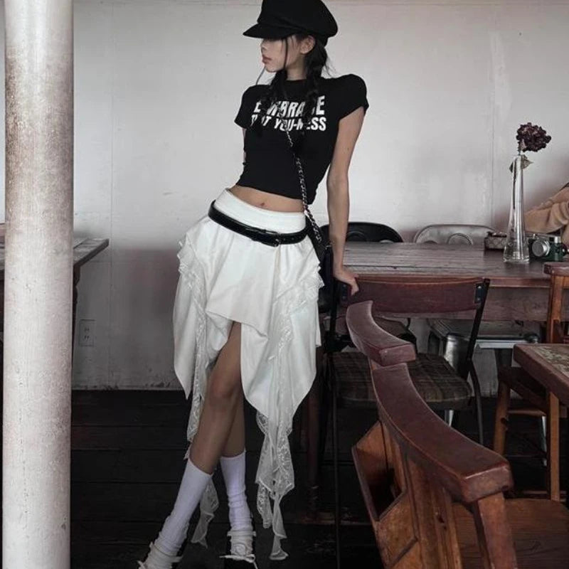 Korean Style Irregular Skirt Women Vintage Elegant White Ruffle Skirt Lace Patchwork Summer Layered Midi Skirts Street voguable