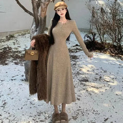 Long Sleeve Dress Women Solid Slim Knit Basic Midi Dress Autumn Winter Elegant All Match Vestidos Female Defined Waist New voguable