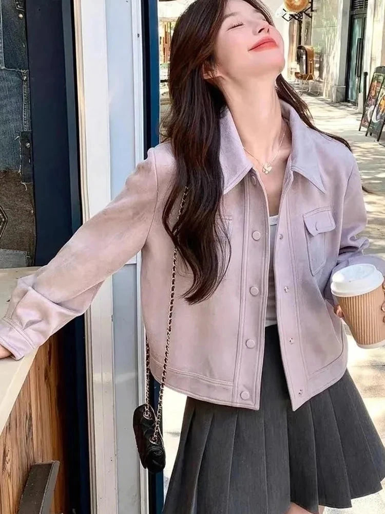 Purple Sweet Faux Suede Jacket Women Casual Vintage Korean Long Sleeve Coat Fall Winter Preppy Style Retro All Match Tops voguable