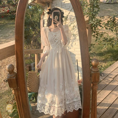 Voguable Spring Summer New French Style Women Dress 3/4 Sleeve Fairy Casual Long Dress Square Collar Patchwork Lace Party Dress voguable