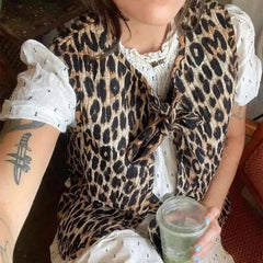 Leopard Waistcoat y2k Clothes Women Round Neck Sleeveless Tie Up Cardigan Tops 2000s Aesthetic Clothing Streetwear voguable
