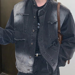 Men's Casual Washed Denim Jacket Streetwear Ripped Stand Collar Texture Korean Harajuku Retro Long Sleeve Luxury Coat