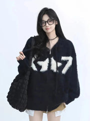 Faux Mink Cashmere Y2K Cardigan Sweater Women Streetwear American Vintage Knitted Hooded Jackets Hip Hop Star Letter Bf Tops New voguable