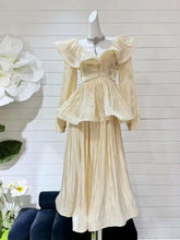 Solid Ruffles Women's 2 Piece Sets V Neck Long Sleeve Shirt High Waist Skirts Loose Elegant Set Autumn 2025 New voguable