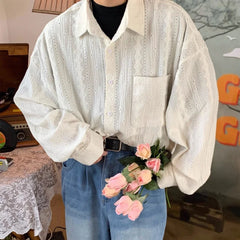 Shirts For Men Apricot Handsome Lapel Men Blouse Vacation Hollow Out Sexy Fashion Men Clothing Male Mesh Long-sleeved Shirts voguable