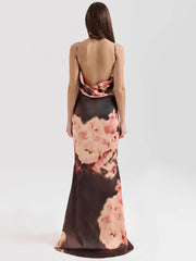 Satin Floral Print Sexy Maxi Dress Women Gown Elegant Spaghetti Strap Sleeveless Backless Bodycon Evening Club Dress voguable