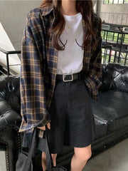 Voguable Vintage Women Plaid Shirt Summer Long Sleeve Oversize Harajuku Bf Student Tops Loose Couple Button Up Shirts voguable