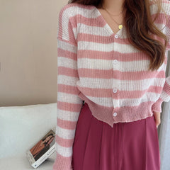 Women Striped Knit Cardigan Button Front Long Sleeve V-neck Crop Sweater Jacket Comfy Knitwear French Chic Autumn Winter Outfit voguable