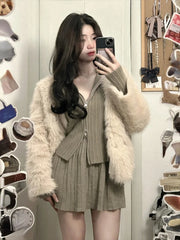 Voguable Korean Fashion Women 2 Piece Set Casual Zipper Sweater Blouse + Elegant Slim Mini Skirt Party Pure Color Clothing Autumn voguable