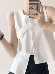 Fashion White Tanks Women Irregular Sexy Slim Sleeveless Tanks Tops Summer Korean Design Female Casual Elegant O Neck Tops voguable