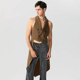 Men Vests Solid Color Lapel Sleeve Double Breasted Irregular Blazer Vests Streetwear Fashion Casual Male Waistcoats voguable