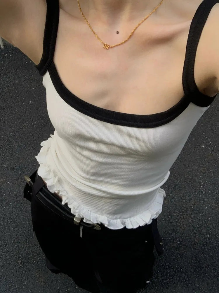 Voguable Balletcore Sweet Women White Camisole Kawaii Ruffled Crop Tops Coquette Cute Sexy Tank Tops Korean Fairy Streetwear voguable