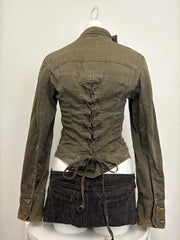 Voguable Retro Y2K Tight Fitting Women's Back Strap Slim Fit Khaki Stand Up Collar Workwear Dark Washed Jacket voguable