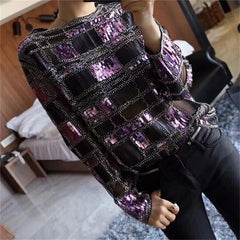 Autumn Runway Women Plaid Sequined Blouse Purple Shiny Long Sleeve Spring Summer Blouses Shirt Woman Beading Party Tops