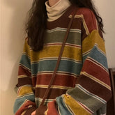 Voguable Loose Casual Women's Knitwear Winter Striped Trendy Brand Soft Cozy Inner Wear Oversize Sweater Princess Sleeve round Neck voguable