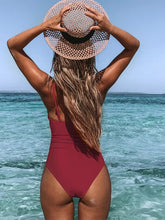 Voguable New Women Sexy Pleated V Neck One Piece Swimsuits Backless Swimwear Beach Vacation Swimming Solid One Piece Swimsuit voguable